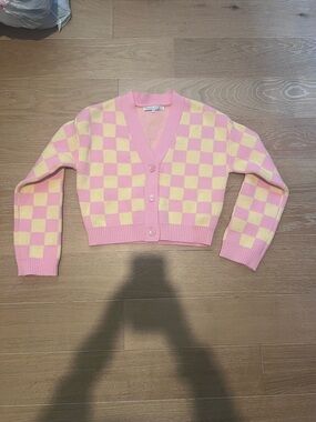 English Factory Pink and Yellow Checkered Cropped Cardigan